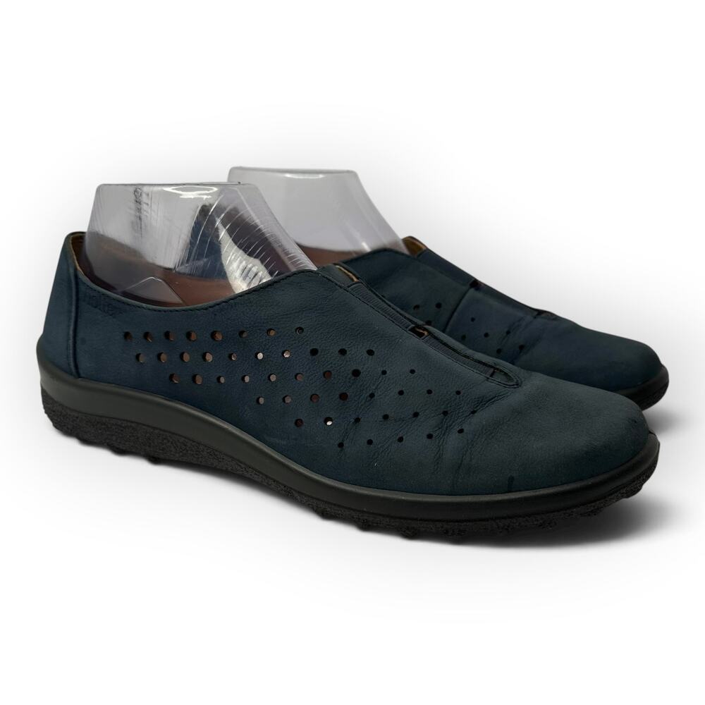 Hotter Thrill Navy Nubuck Leather Perforated Slip-On Comfort Shoes Sz 8.5